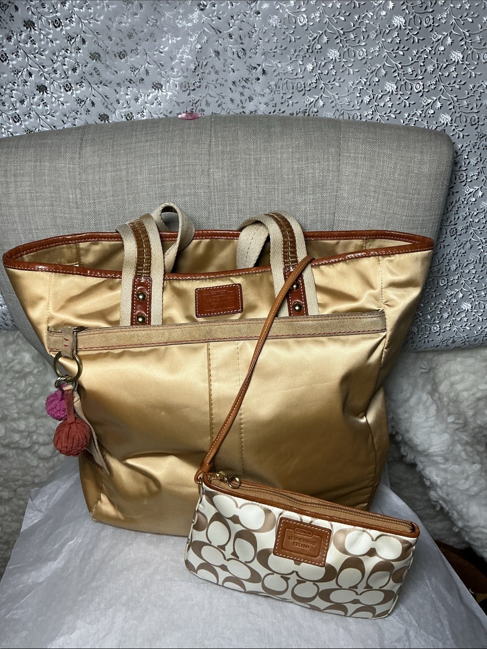 Coach Beige Nylon Tote with Brown Leather Trim